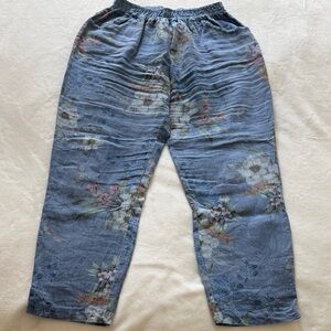 Boho Blue Floral Lightweight Linen Pull-On Pants